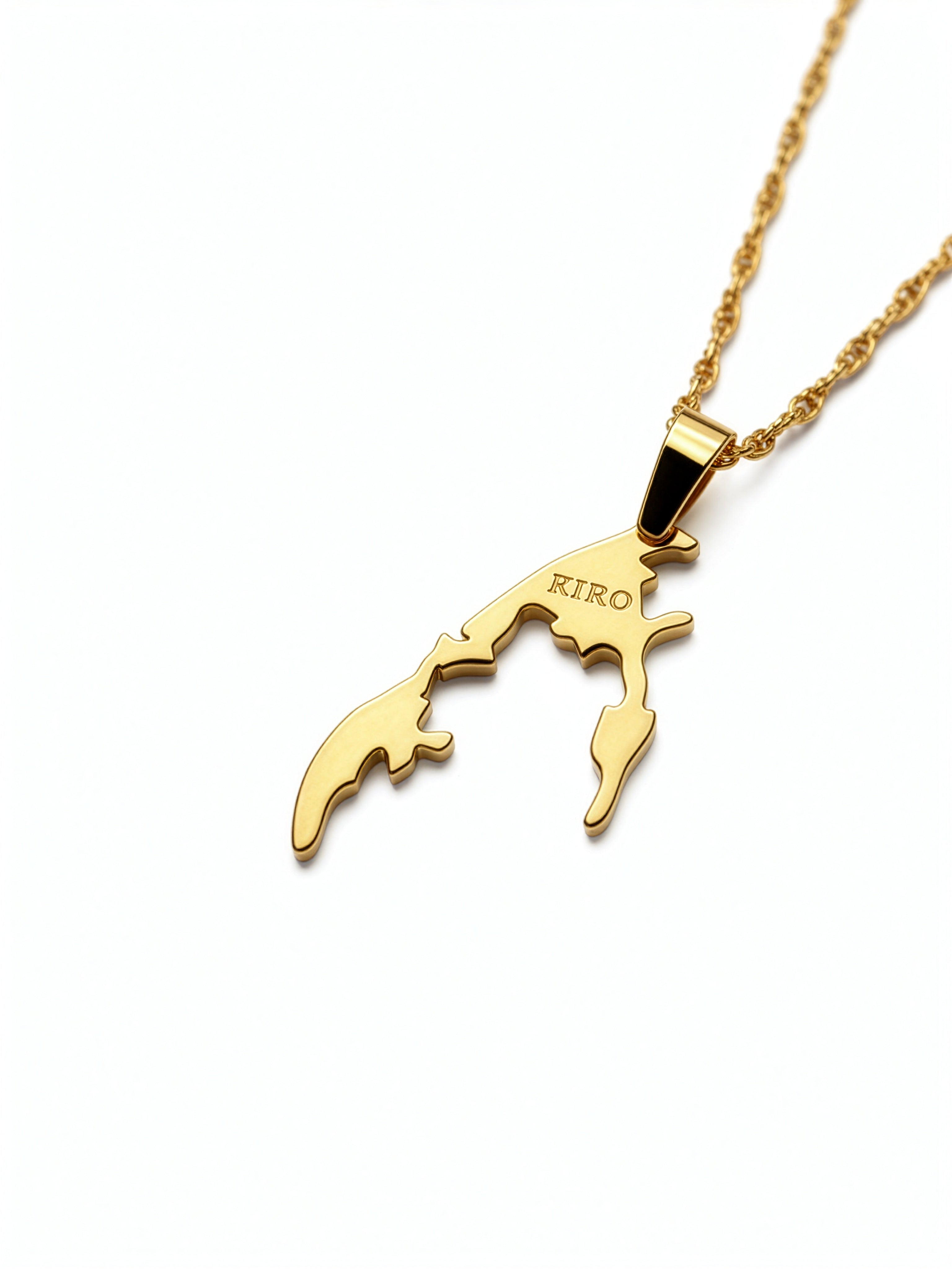 Gold plated Tamil Eelam map pendant necklace with engraved KIRO detail on a gold chain by KIRO UK