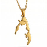 Gold plated Tamil Eelam map necklace with Tamil lettering on a linked chain from KIRO UK celebrating national pride and heritage
