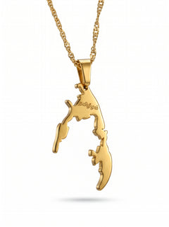 Gold plated Tamil Eelam map necklace with Tamil lettering on a linked chain from KIRO UK celebrating national pride and heritage