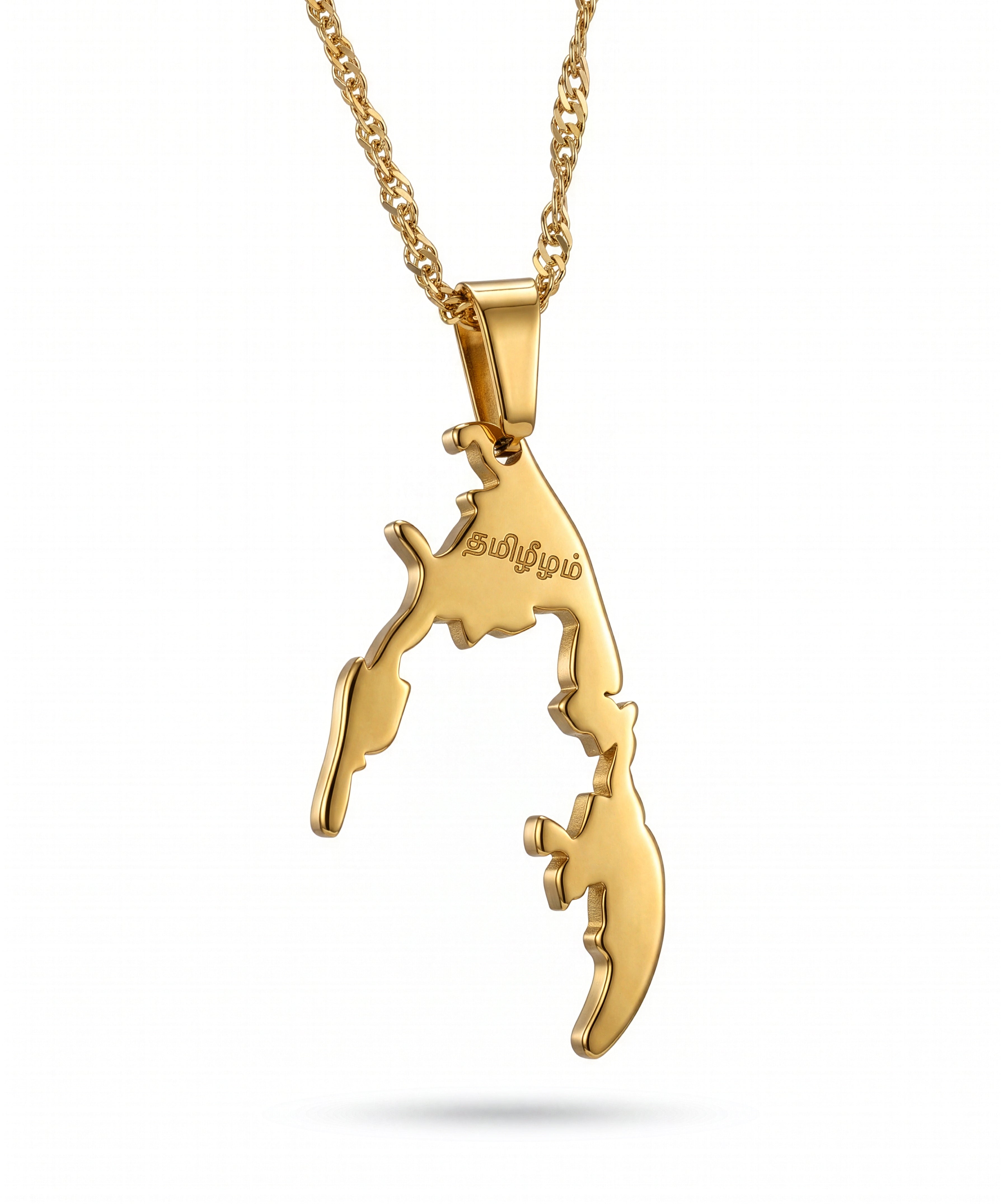 Gold plated Tamil Eelam map necklace with Tamil lettering on a linked chain from KIRO UK celebrating national pride and heritage