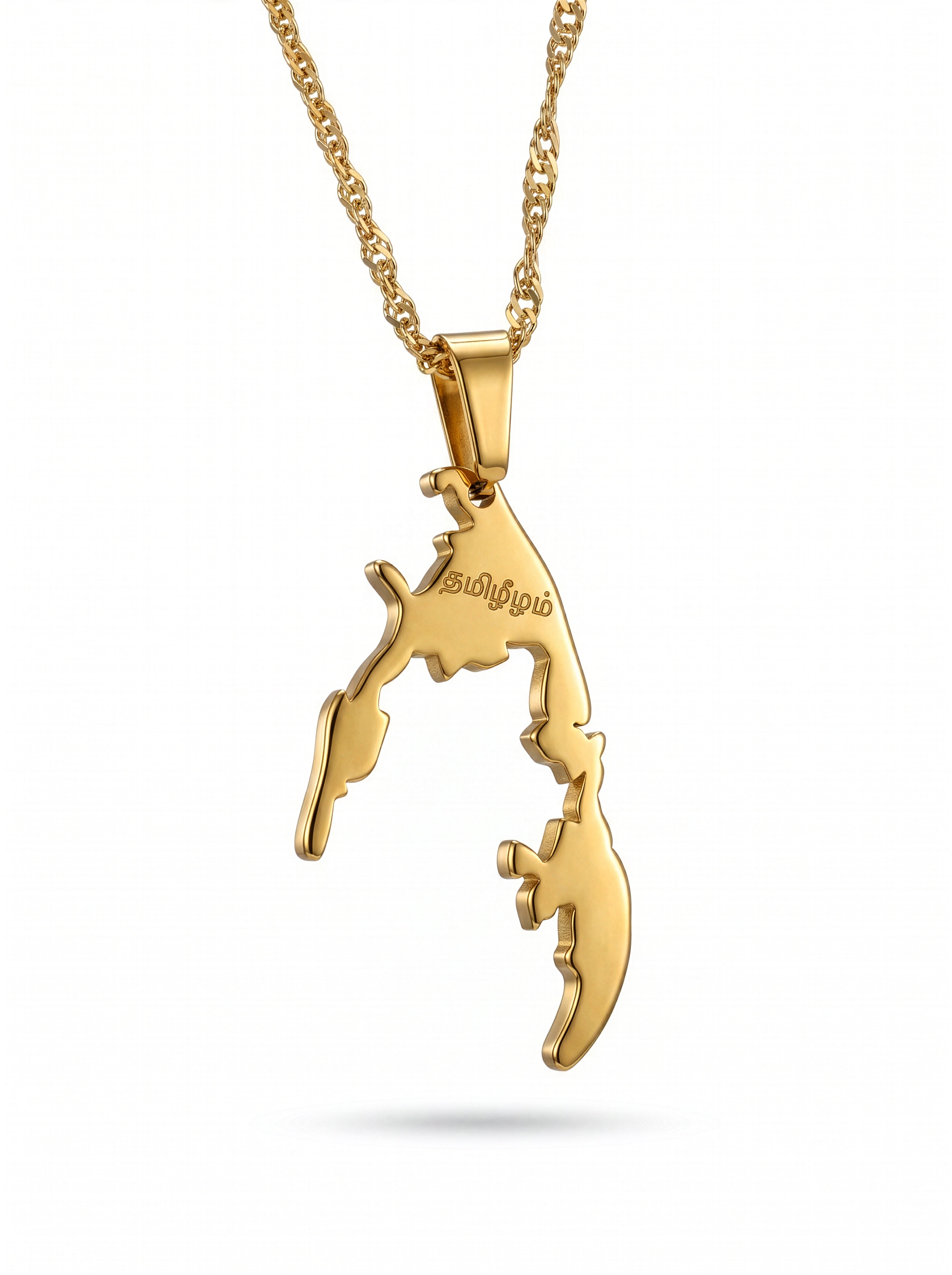 Gold plated Tamil Eelam map necklace with Tamil lettering on a linked chain from KIRO UK celebrating national pride and heritage