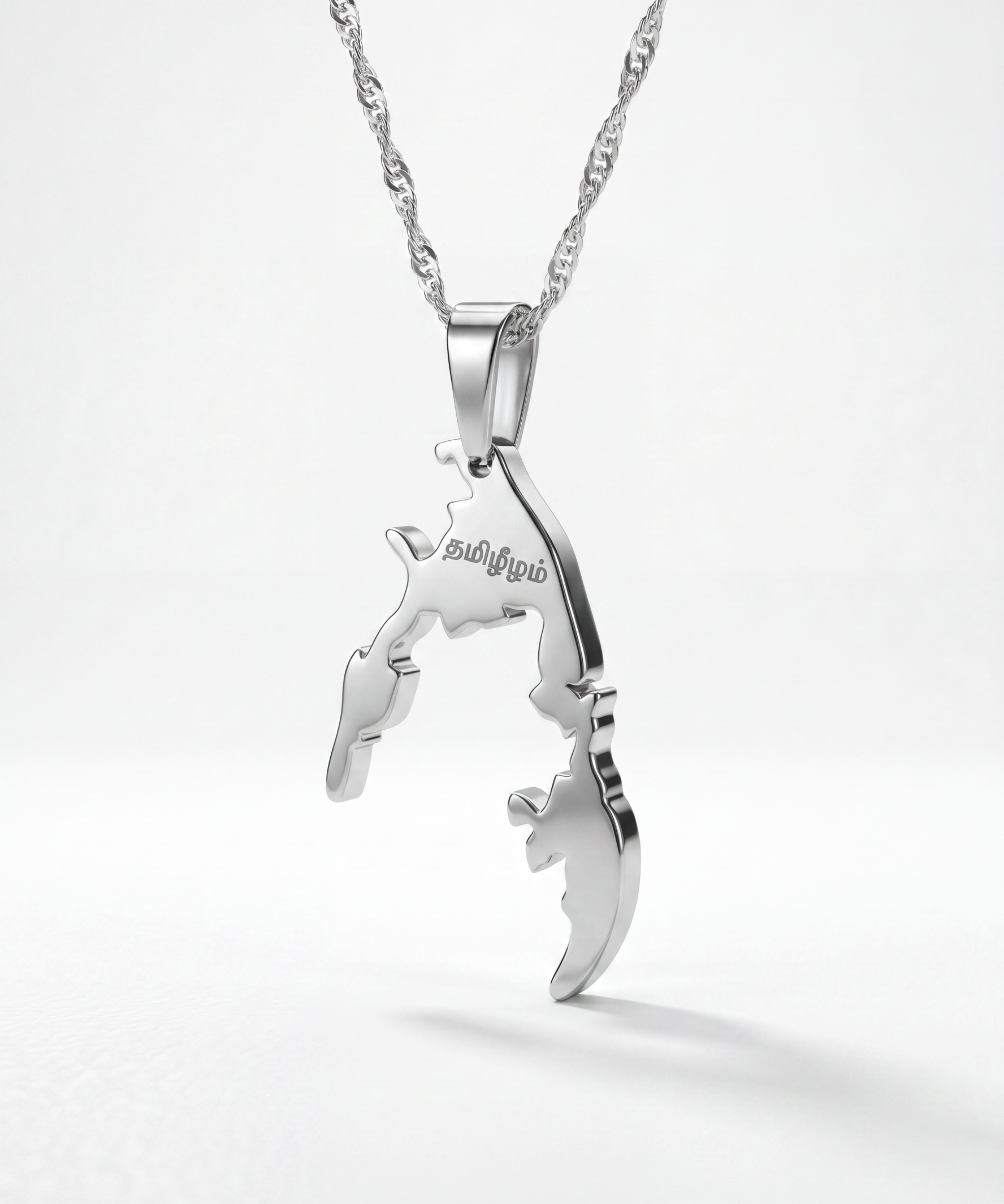 Silver plated Tamil Eelam map necklace with Tamil script pendant on a chain by KIRO UK