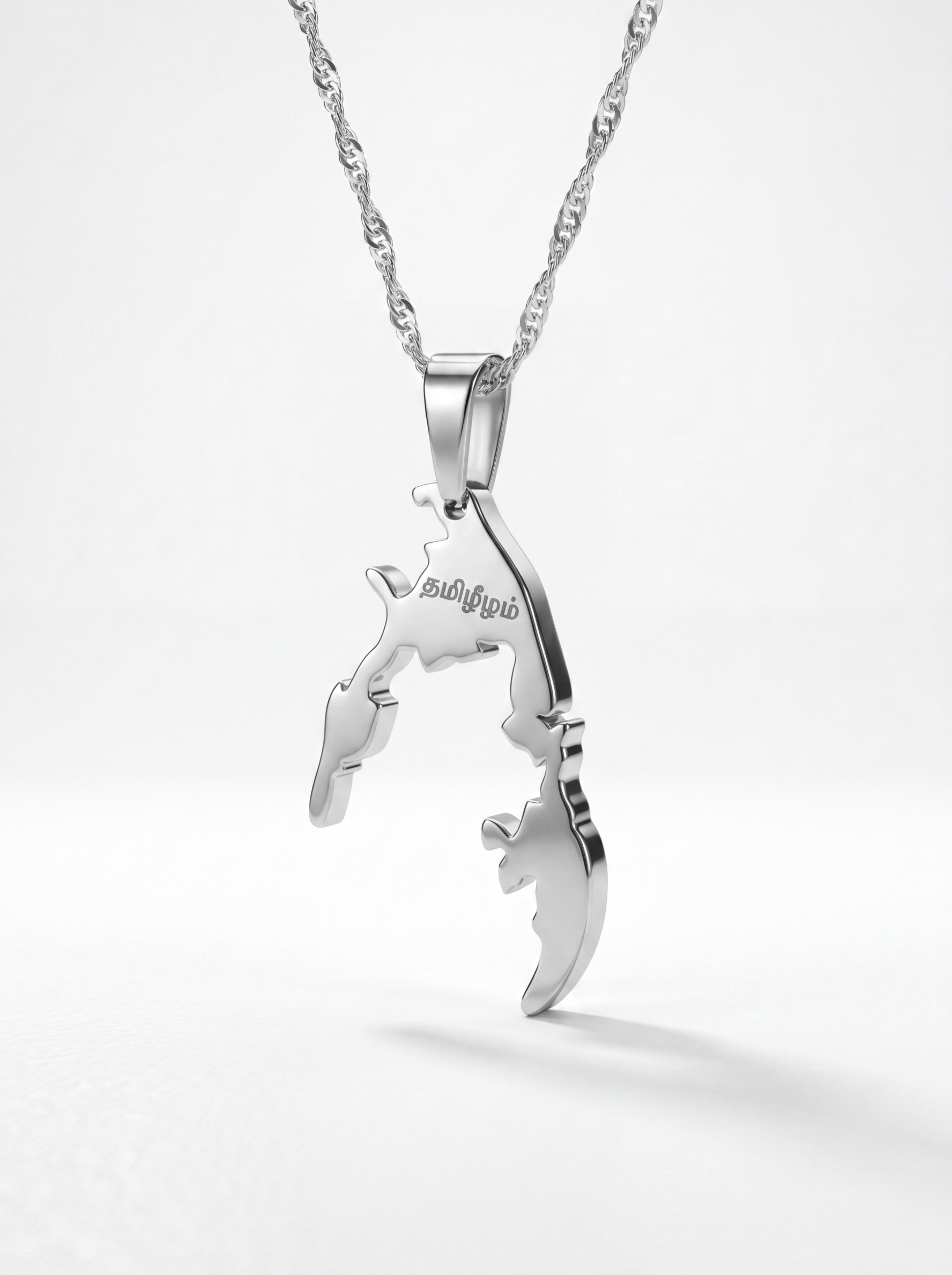 Silver plated Tamil Eelam map necklace with Tamil script pendant on a chain by KIRO UK