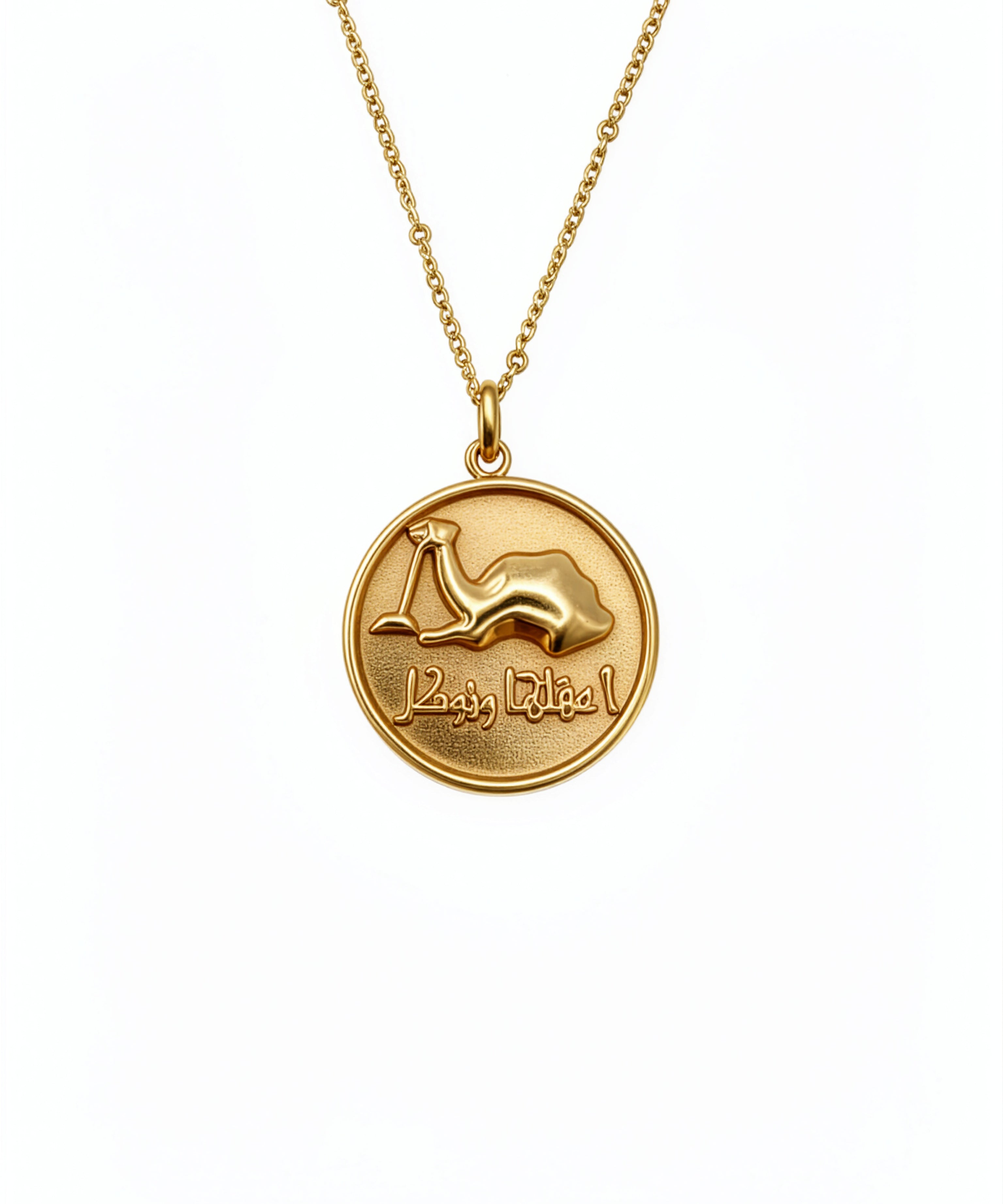 Gold camel coin necklace with Arabic inscription from KIRO UK in Statement Pieces Best Deals and Necklaces collections