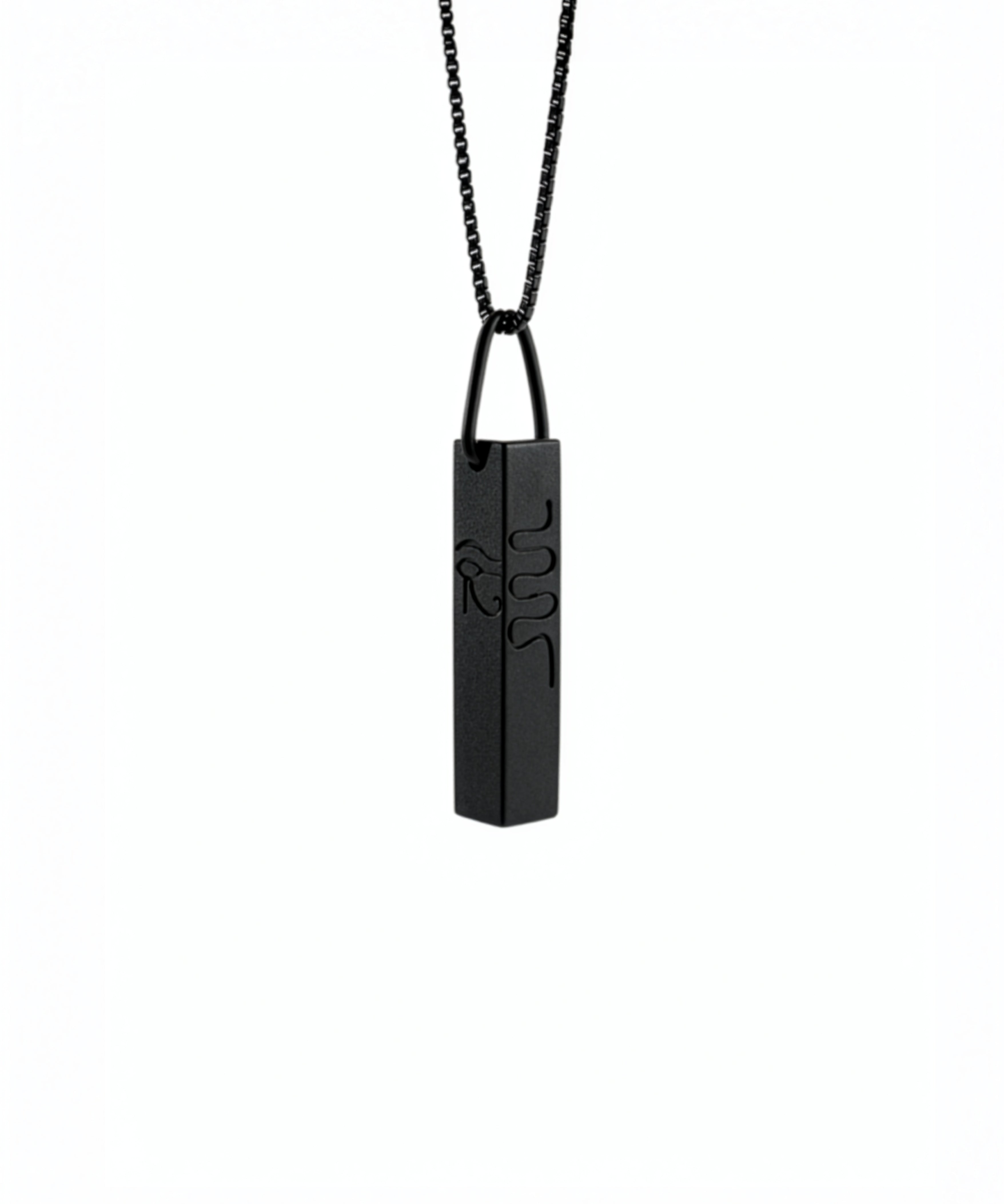Black cuboid Egyptian statement necklace with engraved hieroglyphic symbols on a geometric pendant and chain by KIRO UK