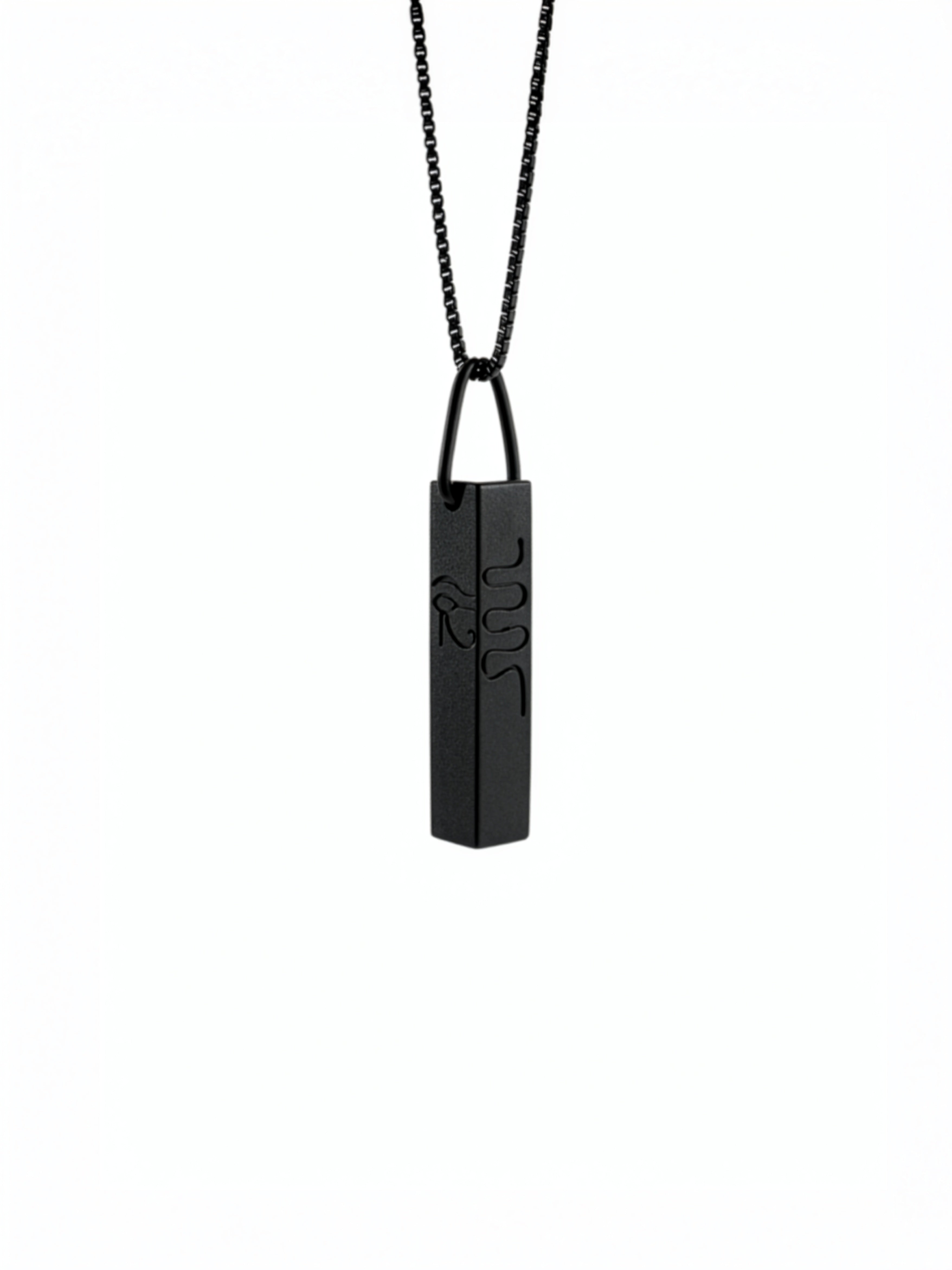 Black cuboid Egyptian statement necklace with engraved hieroglyphic symbols on a geometric pendant and chain by KIRO UK