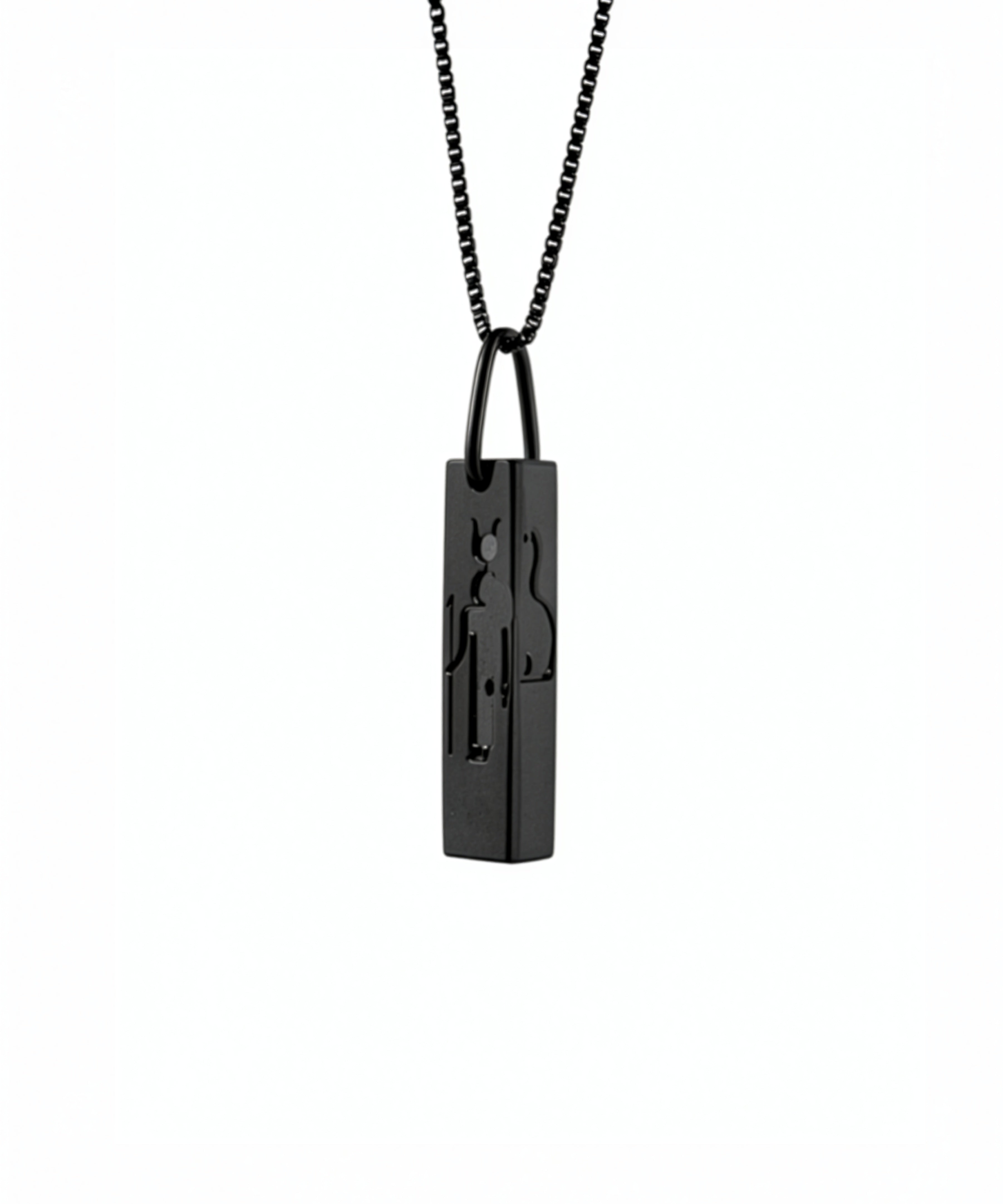 KIRO UK black cuboid necklace with raised Egyptian hieroglyphic symbols on a chain from the Egyptian Collection and Statement Pieces collection