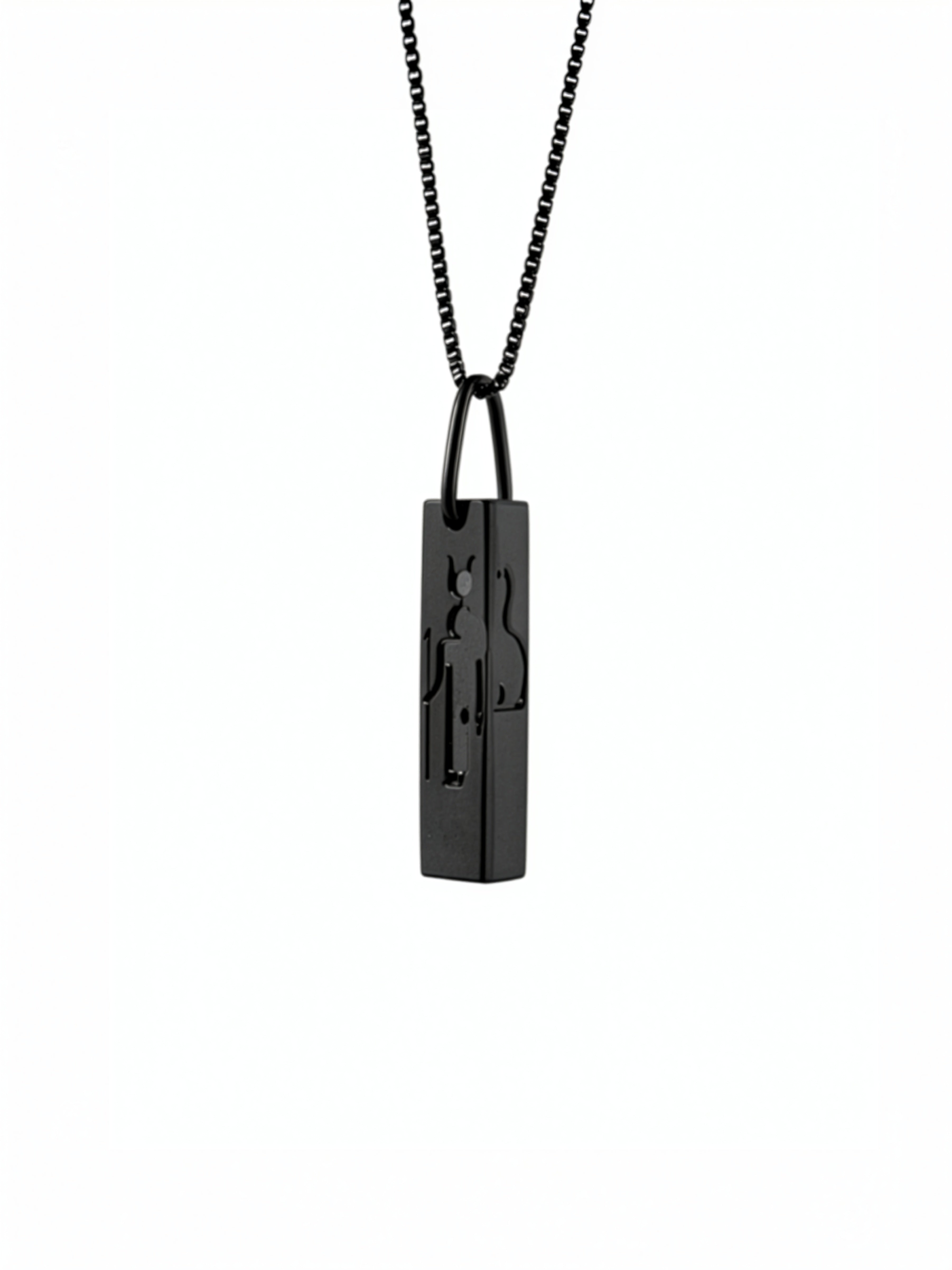 KIRO UK black cuboid necklace with raised Egyptian hieroglyphic symbols on a chain from the Egyptian Collection and Statement Pieces collection