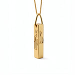 Gold geometric cuboid pendant necklace with Egyptian hieroglyphic symbols on a fine chain from KIRO UK Egyptian Collection