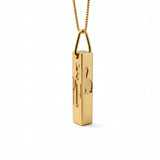 Gold geometric cuboid pendant necklace with Egyptian hieroglyphic symbols on a fine chain from KIRO UK Egyptian Collection