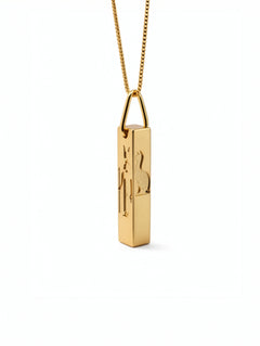 Gold geometric cuboid pendant necklace with Egyptian hieroglyphic symbols on a fine chain from KIRO UK Egyptian Collection