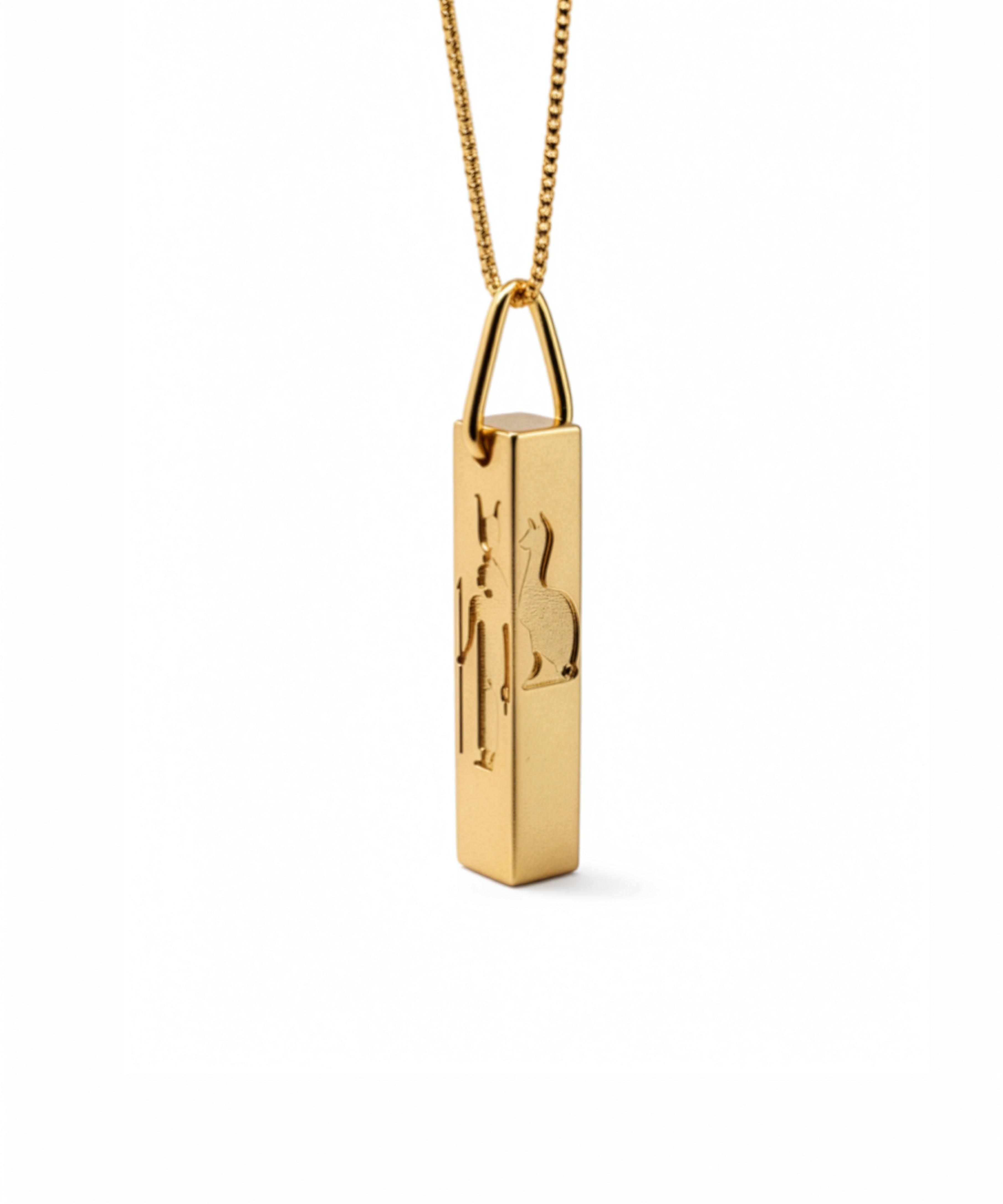 Gold geometric cuboid pendant necklace with Egyptian hieroglyphic symbols on a fine chain from KIRO UK Egyptian Collection