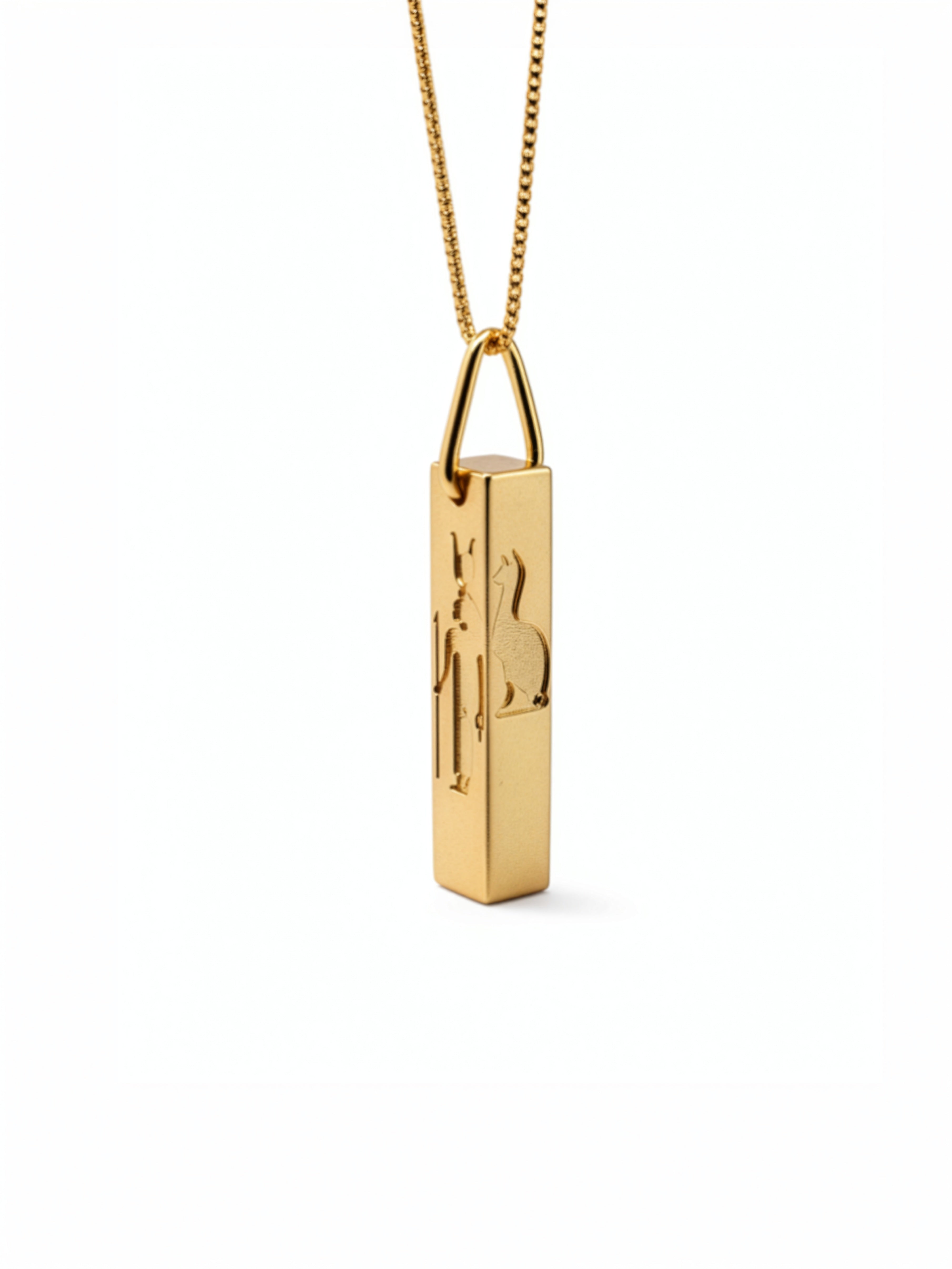 Gold geometric cuboid pendant necklace with Egyptian hieroglyphic symbols on a fine chain from KIRO UK Egyptian Collection