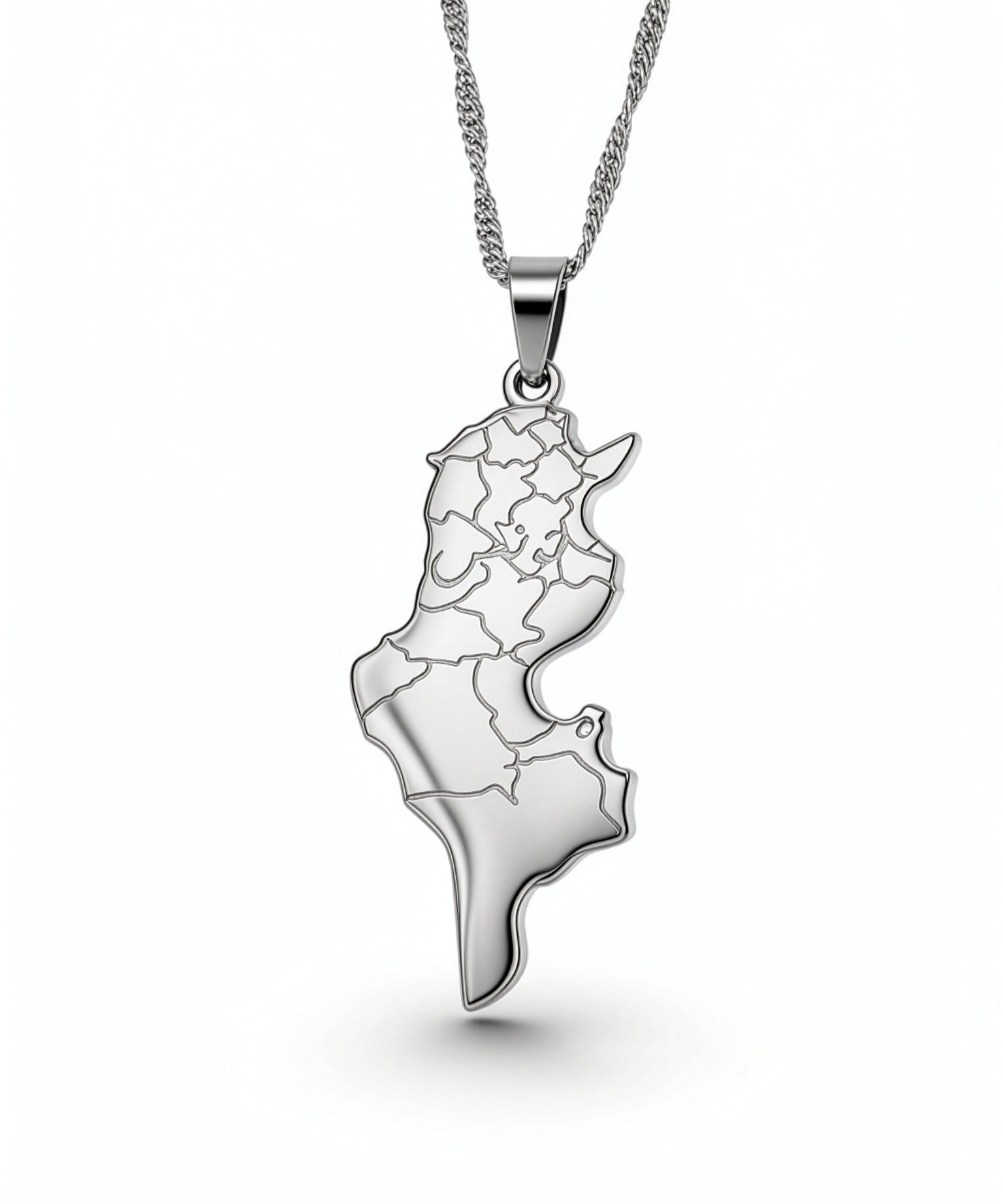 Silver plated Tunisia map pendant necklace on a chain symbolizing national pride from KIRO UK