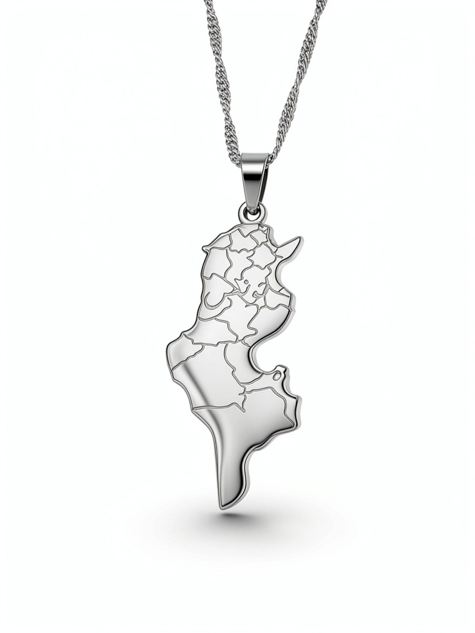 Silver plated Tunisia map pendant necklace on a chain symbolizing national pride from KIRO UK
