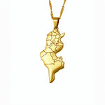 18K gold plated Tunisia map necklace with detailed regional outlines on a fine chain and polished finish a cultural statement piece by KIRO UK