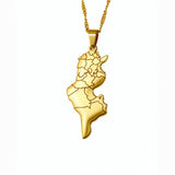 18K gold plated Tunisia map necklace with detailed regional outlines on a fine chain and polished finish a cultural statement piece by KIRO UK