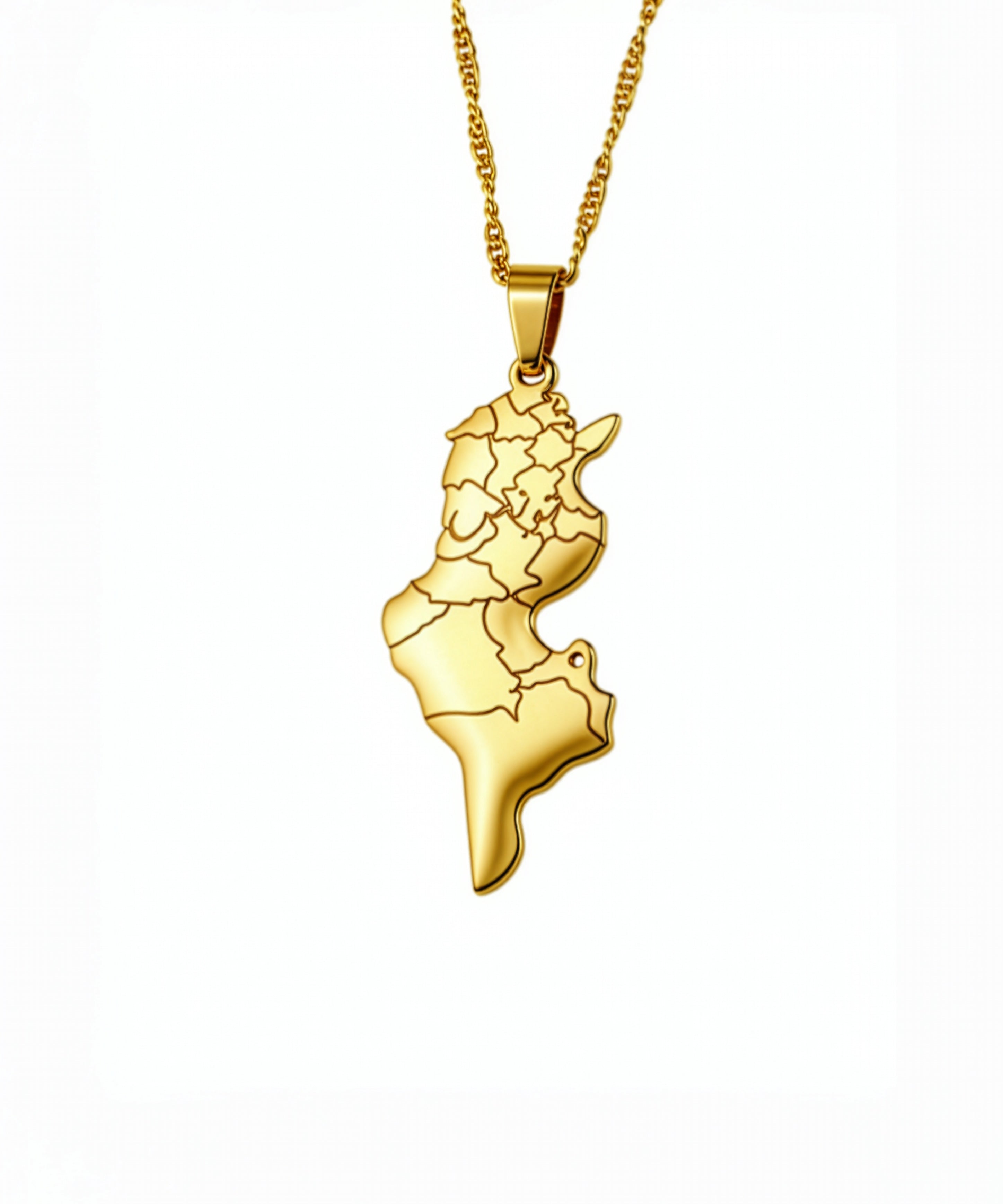 18K gold plated Tunisia map necklace with detailed regional outlines on a fine chain and polished finish a cultural statement piece by KIRO UK