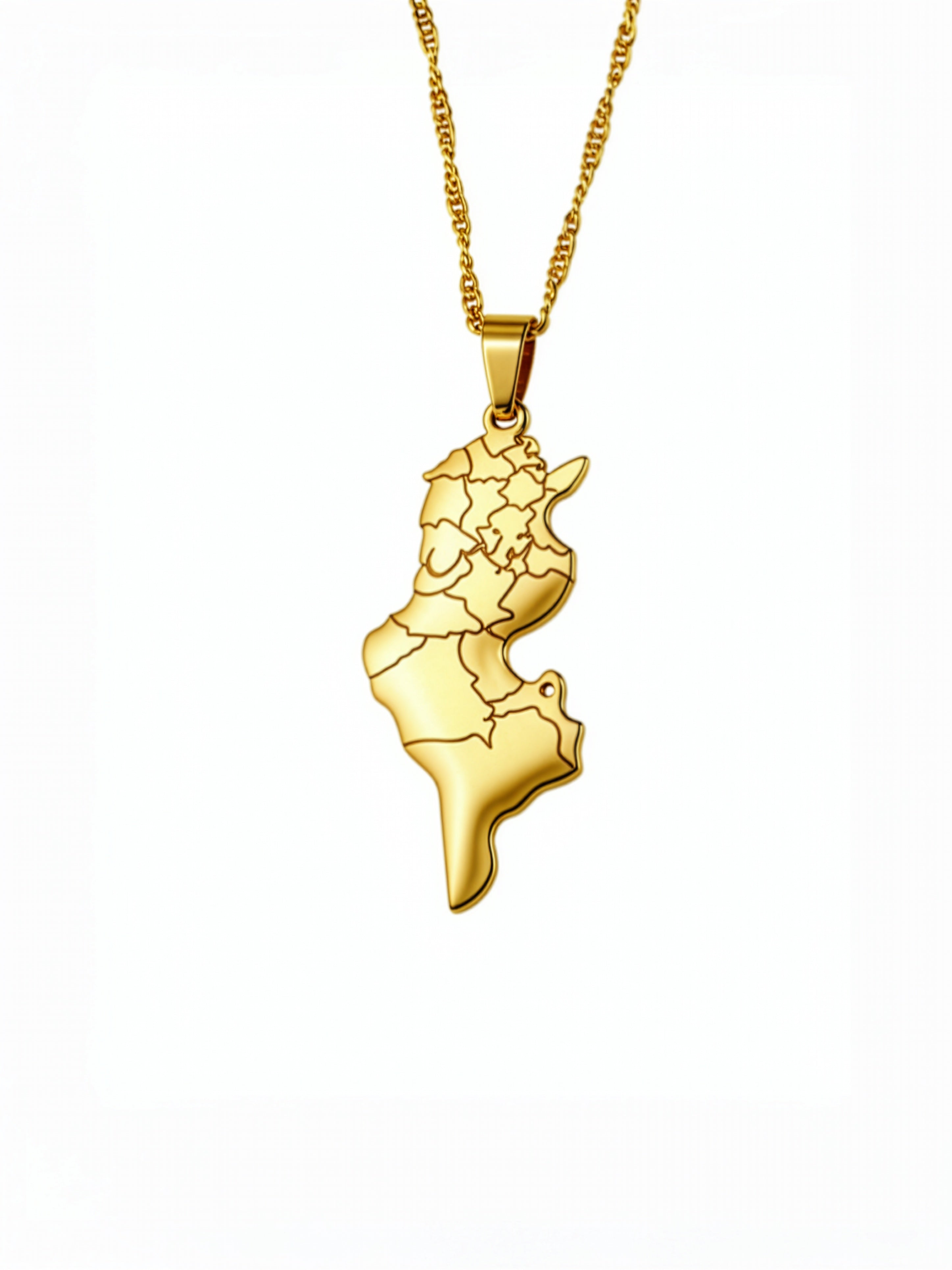 18K gold plated Tunisia map necklace with detailed regional outlines on a fine chain and polished finish a cultural statement piece by KIRO UK