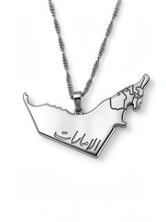 Silver geometric UAE map necklace with Arabic lettering and detailed emirate lines on a chain by KIRO UK expressing Emirati national pride