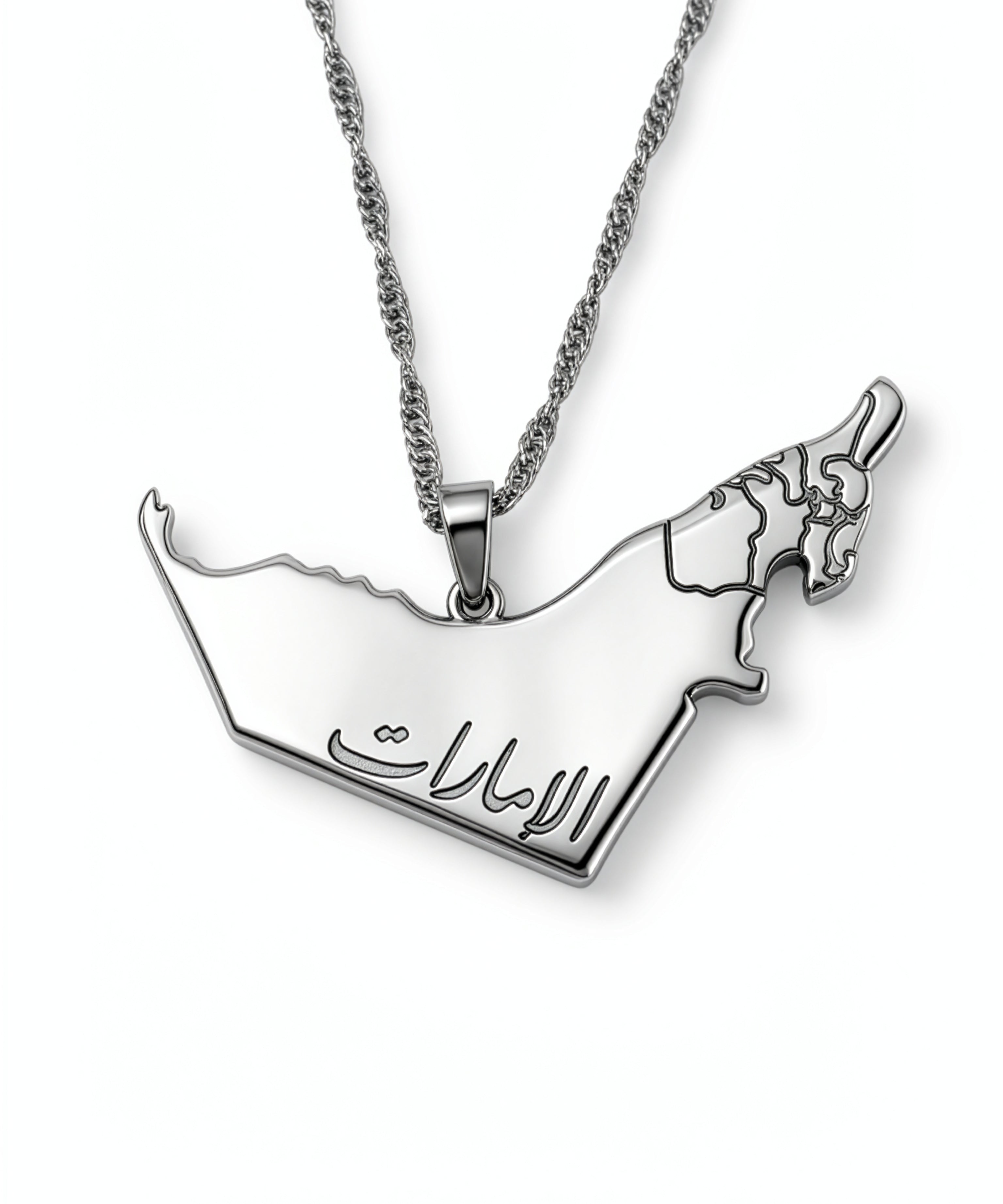 Silver geometric UAE map necklace with Arabic lettering and detailed emirate lines on a chain by KIRO UK expressing Emirati national pride