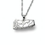 Silver Yemen map necklace with Arabic engraving on the pendant and a textured chain by KIRO UK