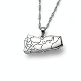 Silver Yemen map necklace with Arabic engraving on the pendant and a textured chain by KIRO UK