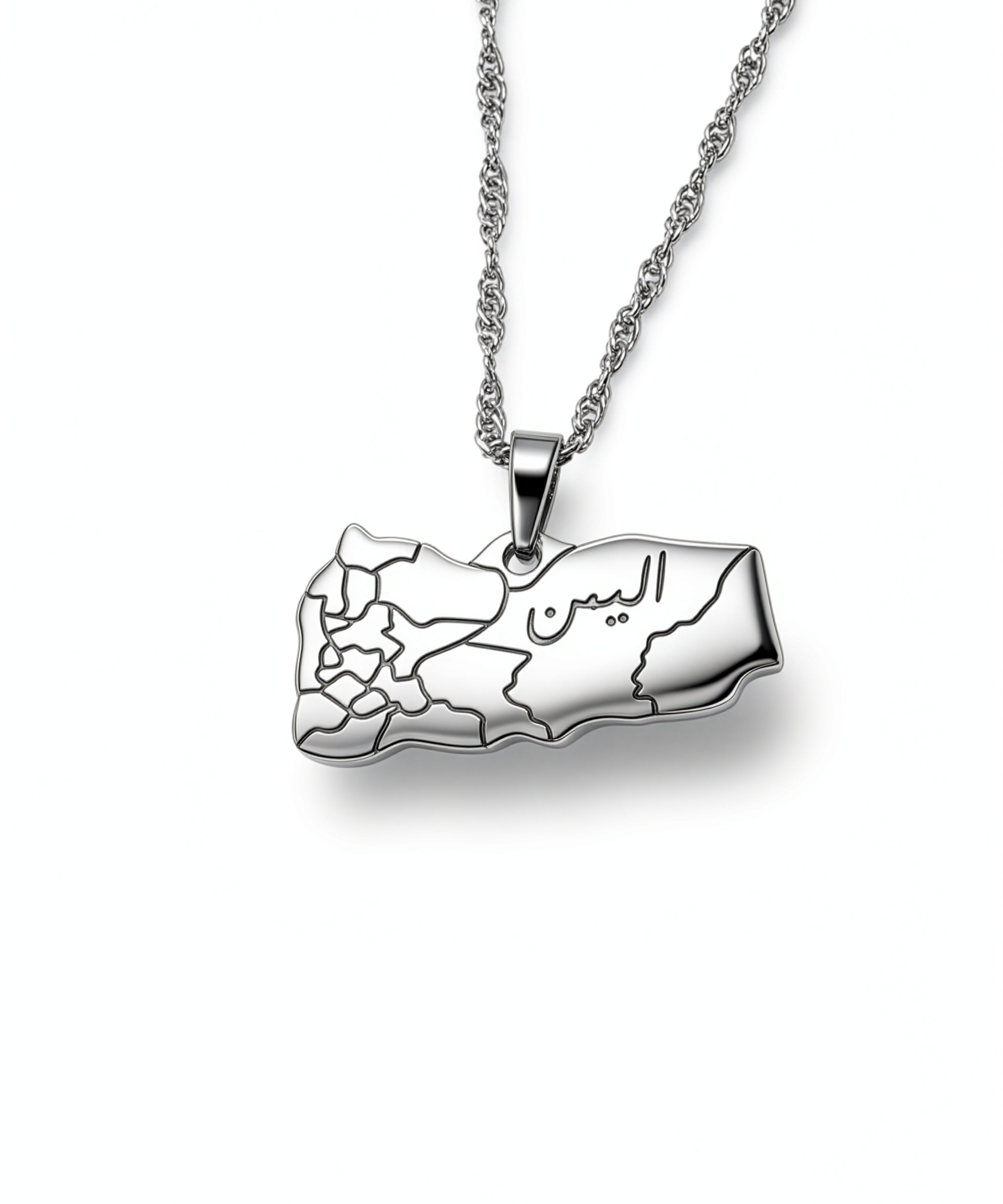 Silver Yemen map necklace with Arabic engraving on the pendant and a textured chain by KIRO UK