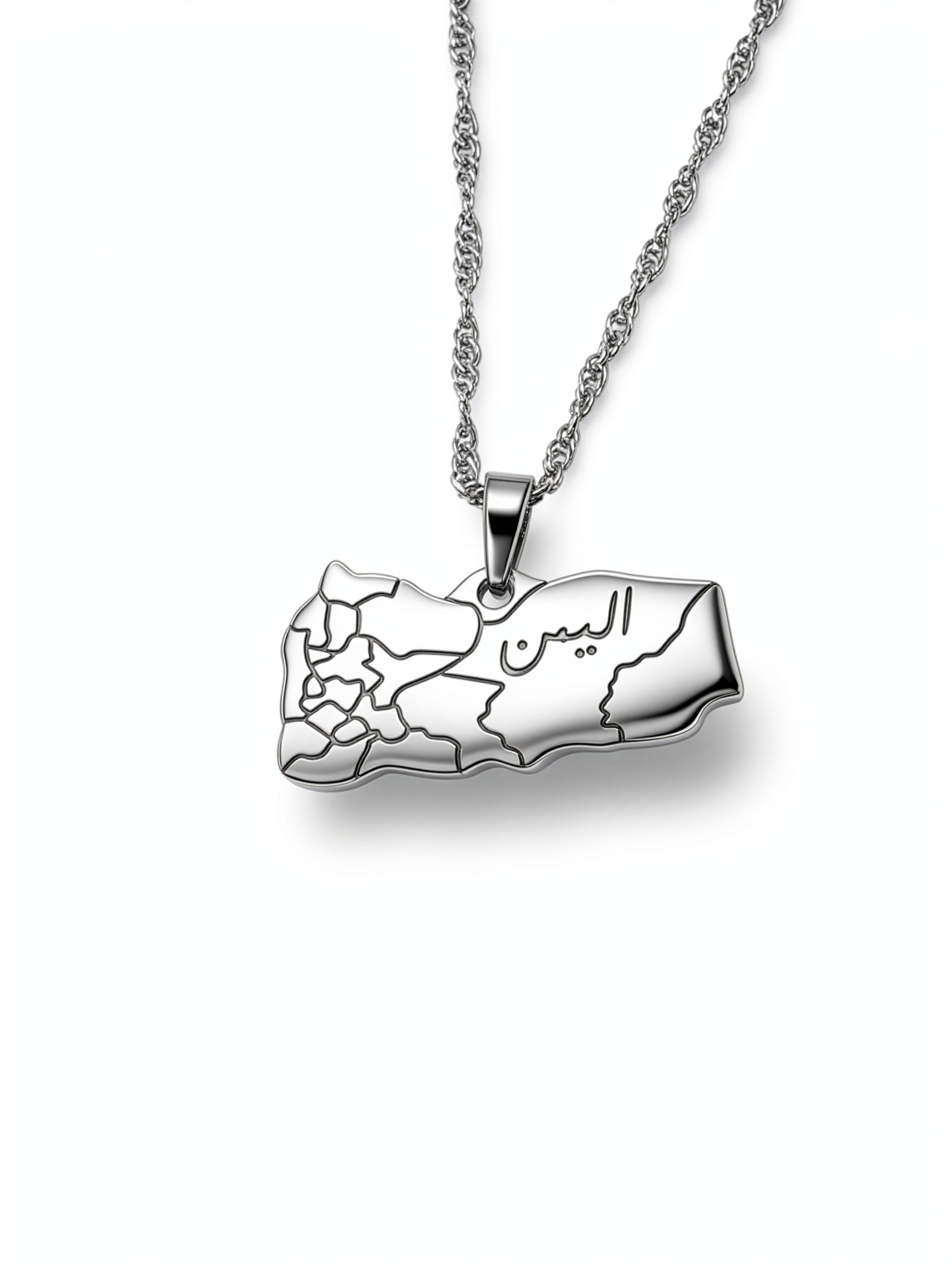 Silver Yemen map necklace with Arabic engraving on the pendant and a textured chain by KIRO UK