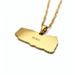 18K gold plated Yemen map pendant necklace with KIRO engraved on the reverse side shown on a gold chain