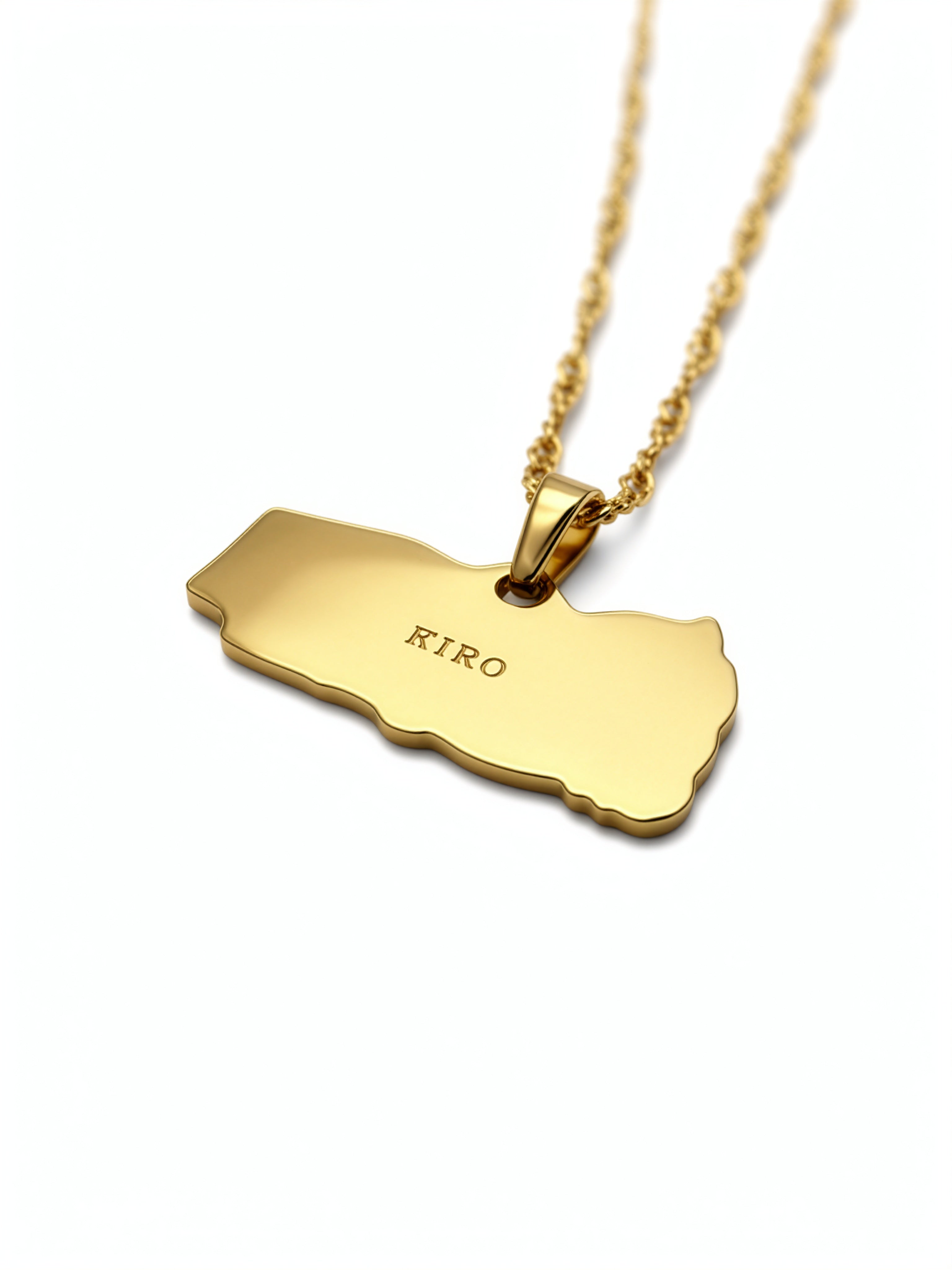 18K gold plated Yemen map pendant necklace with KIRO engraved on the reverse side shown on a gold chain