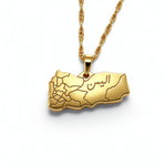 Gold plated map necklace featuring a Yemen shaped pendant with Arabic engraving and a linked chain by KIRO UK