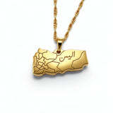 Gold plated map necklace featuring a Yemen shaped pendant with Arabic engraving and a linked chain by KIRO UK