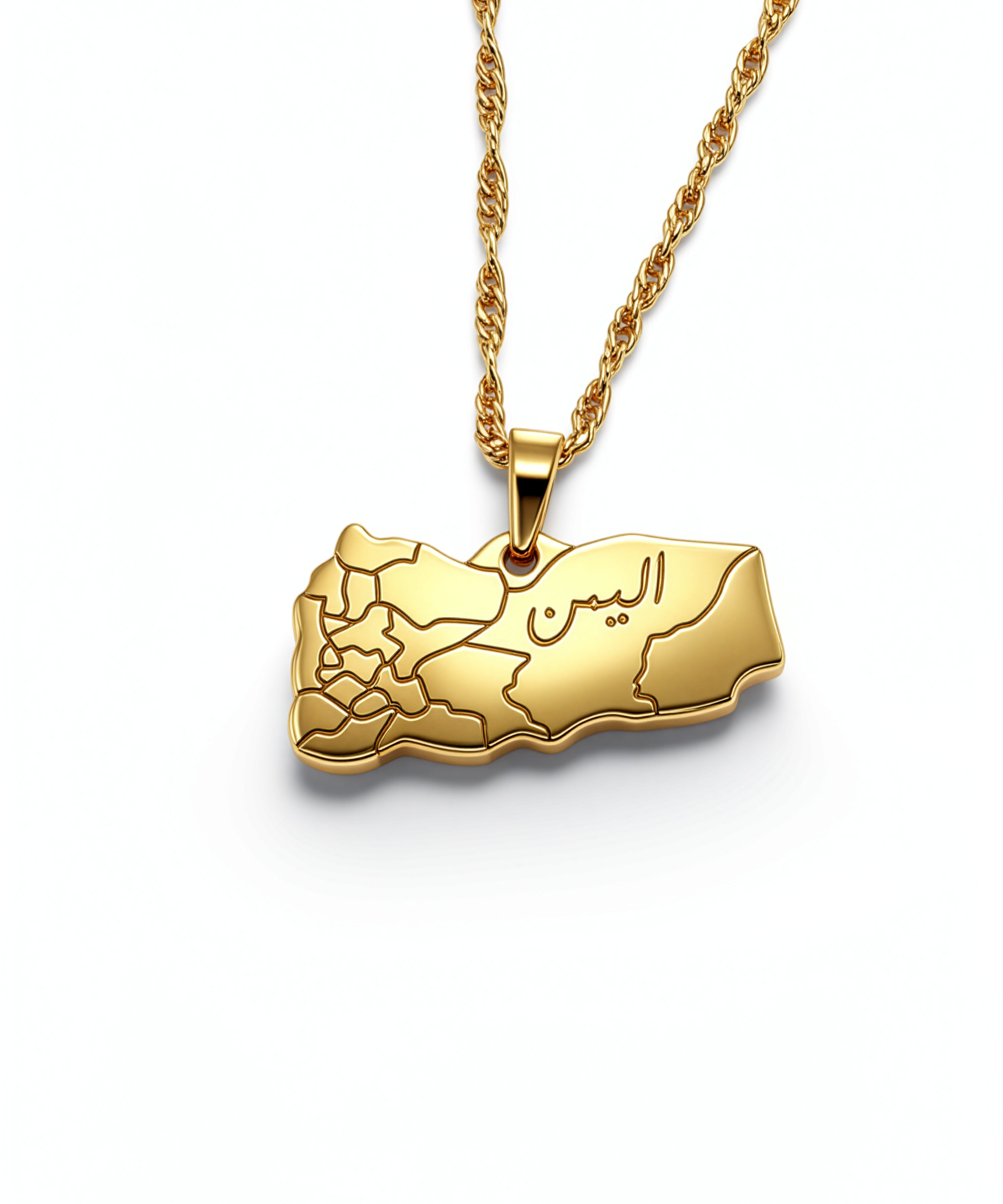 Gold plated map necklace featuring a Yemen shaped pendant with Arabic engraving and a linked chain by KIRO UK