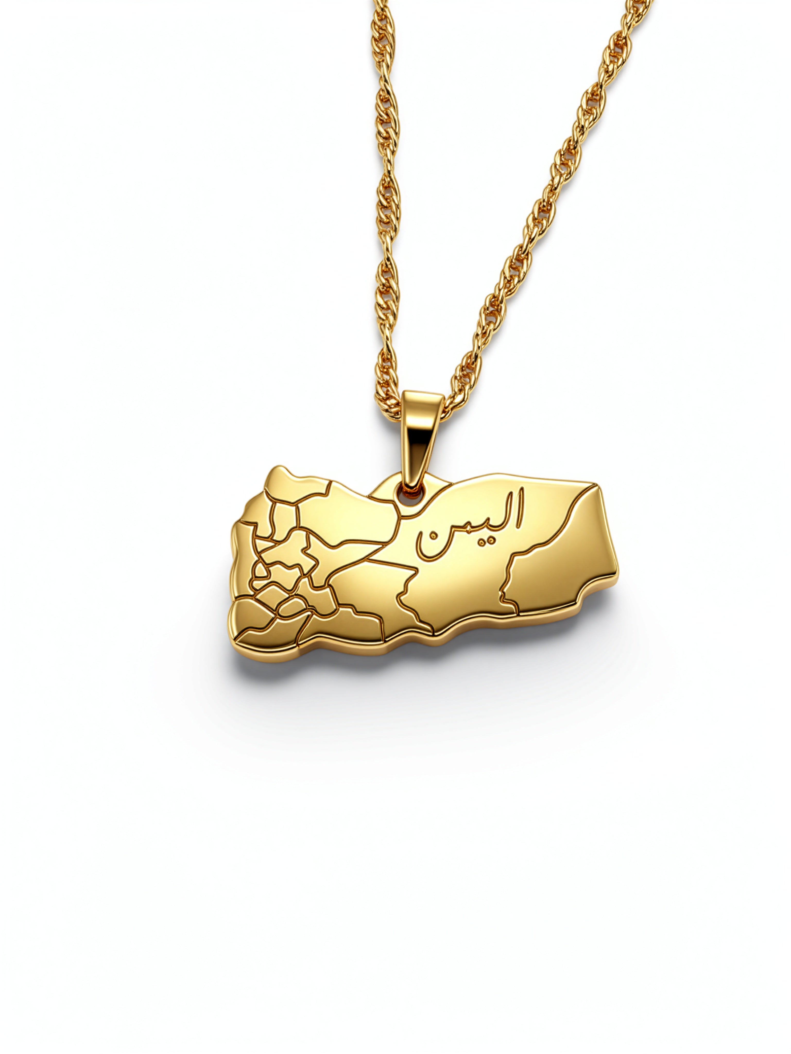 Gold plated map necklace featuring a Yemen shaped pendant with Arabic engraving and a linked chain by KIRO UK